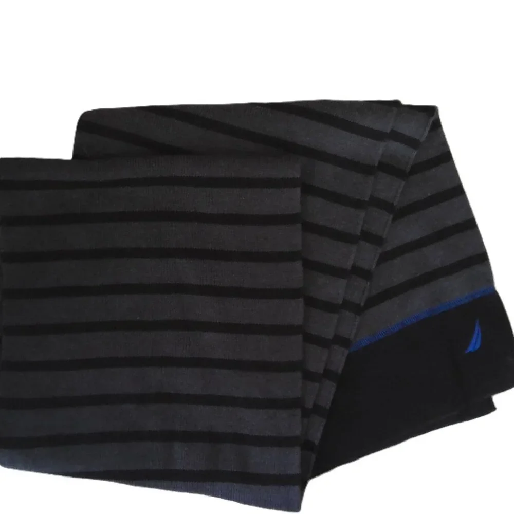 New Nautica Men's Scarf Gray & Black Striped Knit Blue Logo Long Soft & Warm